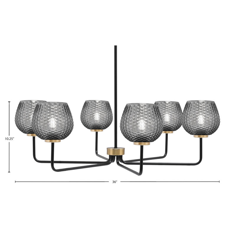 Lustre 6 lumières Amarmula, noir mat et laiton vieilli, verre texturé fumé 6 po, Transparent/noir, Noir/laiton
