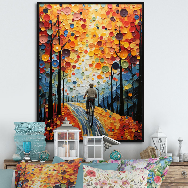 Vélo voyage pointillisme, reproduction d'art sur toile, Cadre flottant noir, H 40 po x l 30 po x P 1,5 po