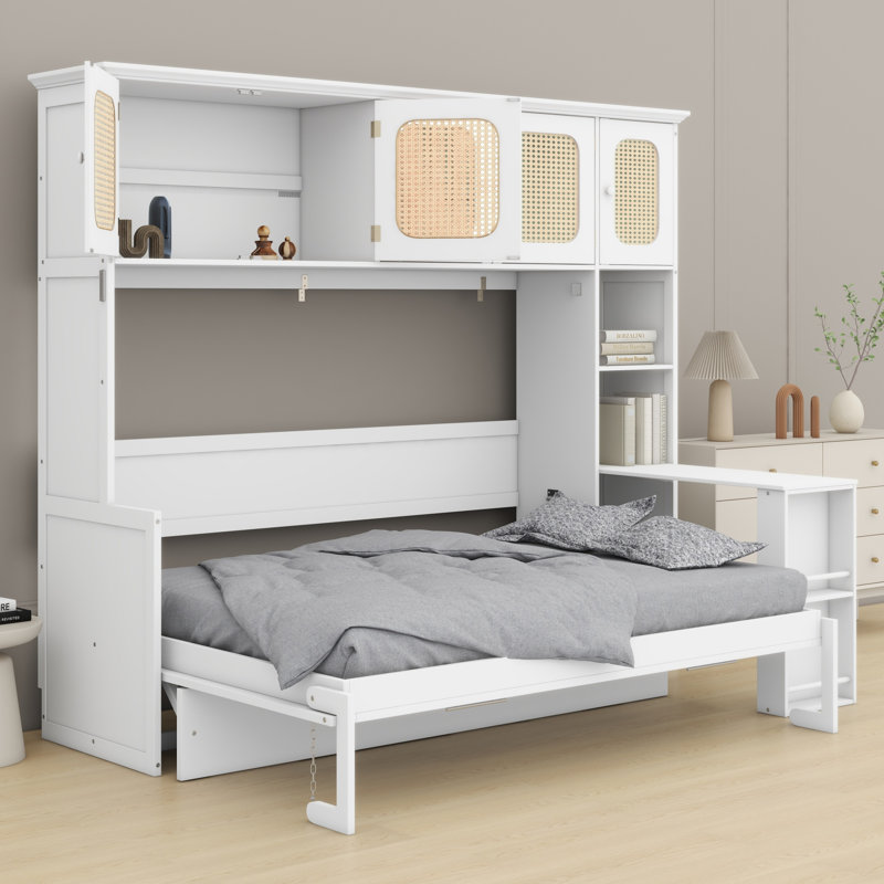 Lit escamotable avec bureau intégré et armoires de rangement en rotin, Blanc chaud