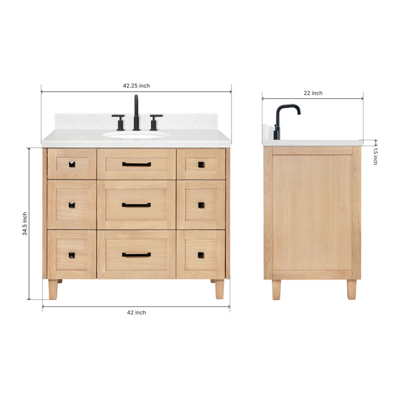 ARIEL Monroe 54 Single Sink Bathroom Vanity with Carrara Quartz Top, Oak, 42" - 43", Carrara White Quartz