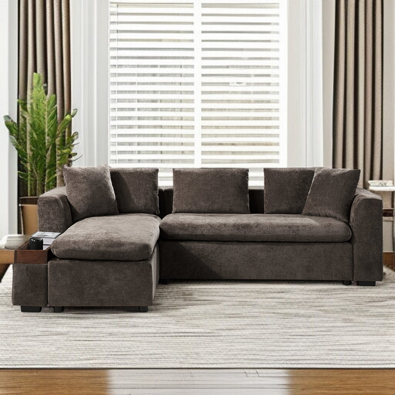 Canapé modulaire en chenille avec rangement et coussins Trace, Chenille brun