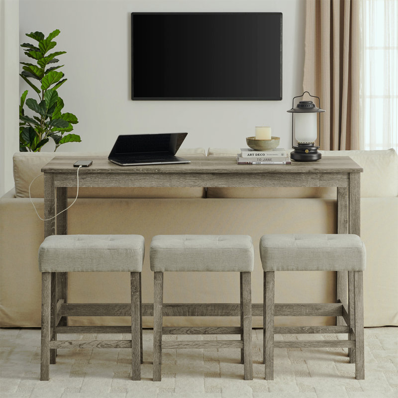59 Inch Bar Table, Dining Table, Sofa Table With Power Outlet, 3 Upholstered Stools, 4 Piece Bar Table And Chair Set, Brown