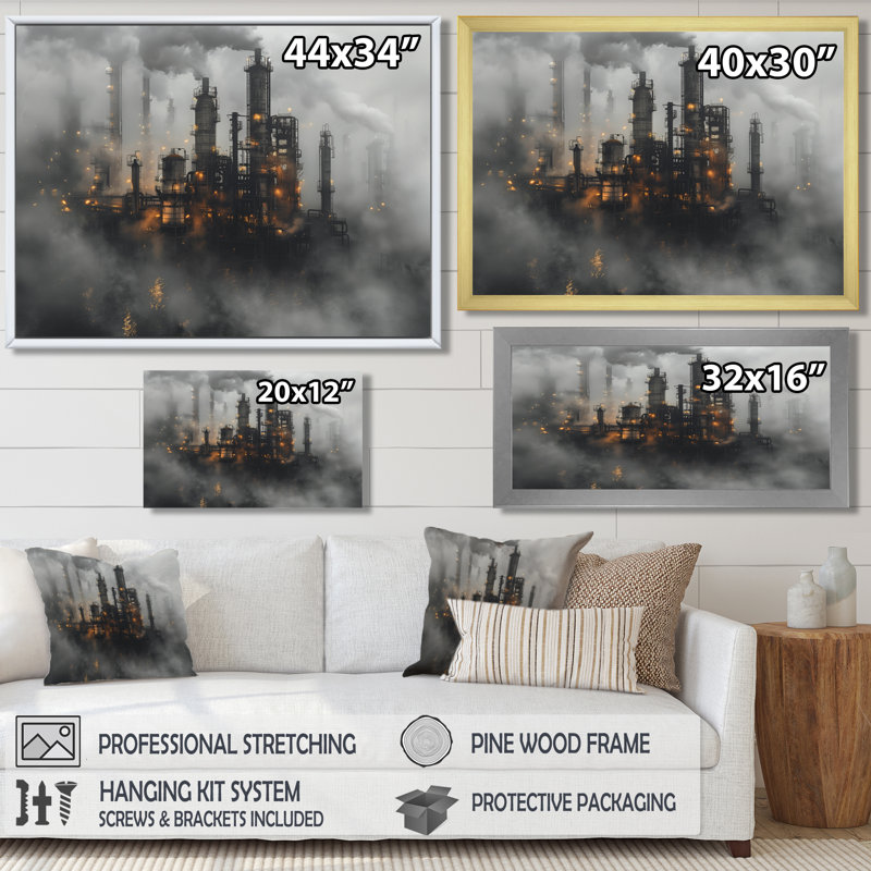 Gris - Fabrication industrielle - Usine, impression d'art mural, H 12 po x l 20 po x P 1 po, Toile tendue