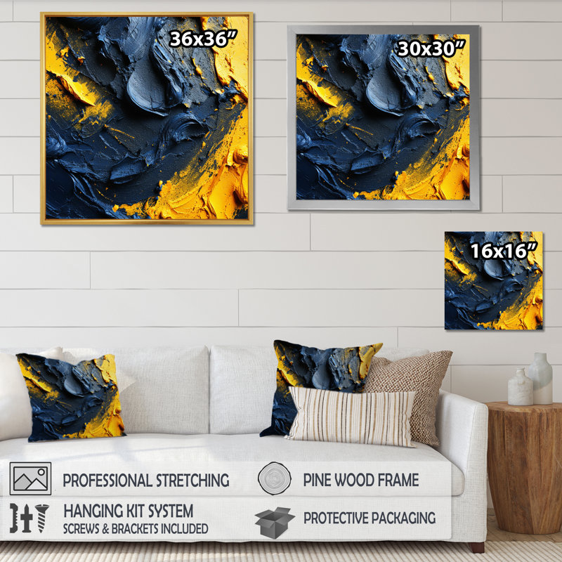 Rough Love Slavic, peinture abstraite jaune bleu I - Peinture abstraite, art mural, salon, H 36 po x l 36 po x P 1,5 po