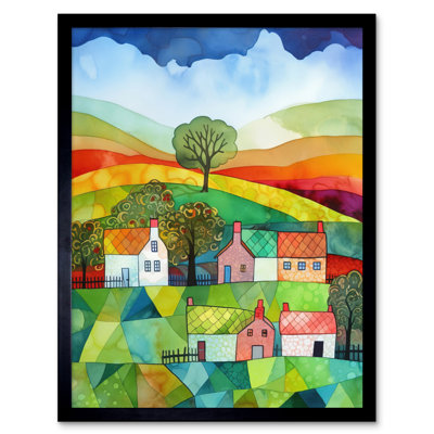 Rural Landscape Rainbow Countryside Folk Art Watercolour Painting Artwork Framed Wall Art Print 9X7 Inch