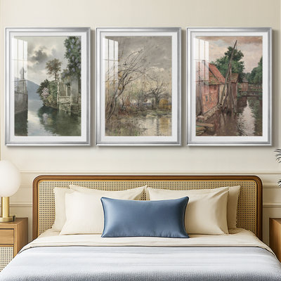 «Vintage Landscape CXV III», reproduction sur mesure encadrée de qualité supérieure - 3 pièces
