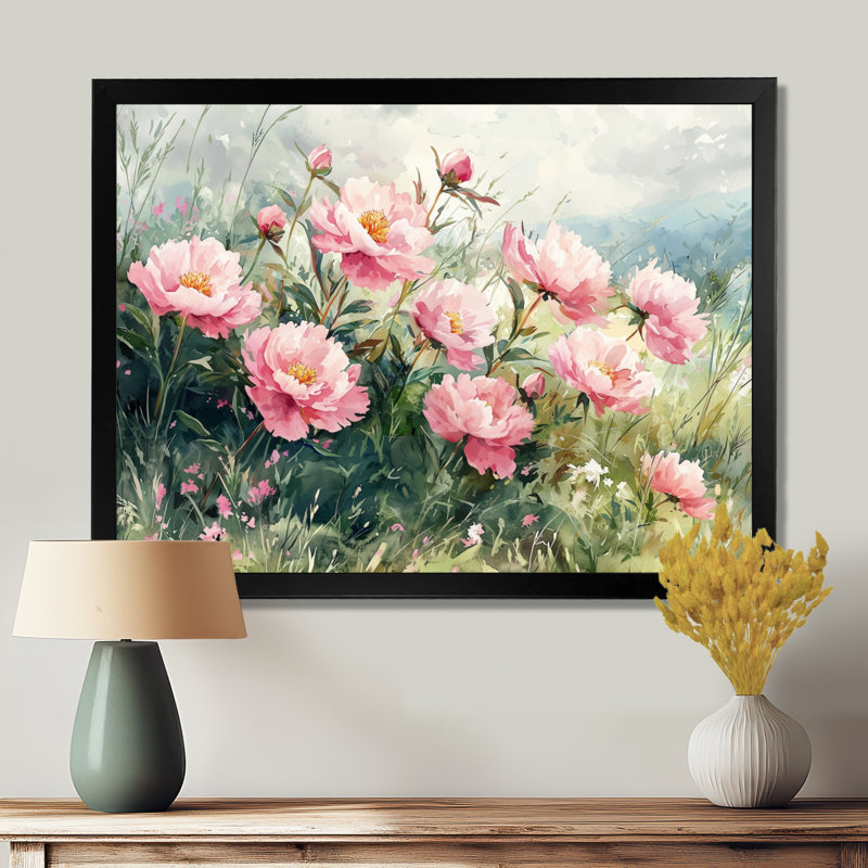 Melvina, pivoines et prairie d'été I - pivoines, art mural, Reproduction encadrée d'une seule photo, Noir, noir, noir, noir