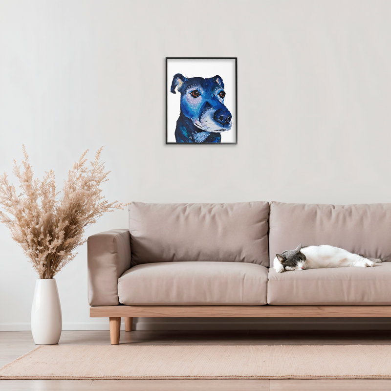 Giclée encadrée de chien bleu expressif, design par Tatiana Roberts, H 14 po x l 11 po, Giclée encadrée noir minuit
