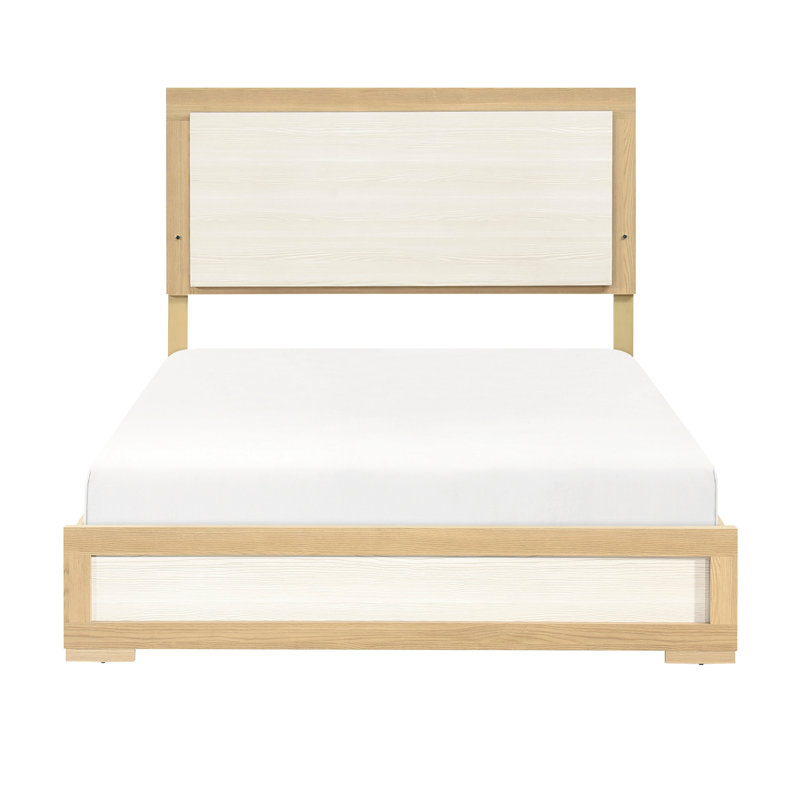 Lit à panneau grand contemporain, tête de lit à DEL, couleur naturelle et blanche, cadre de lit en bois, résistant aux égratignures, mobilier de chambre à coucher, sommier tapissier, bois d'ingénierie, utilisation, requis