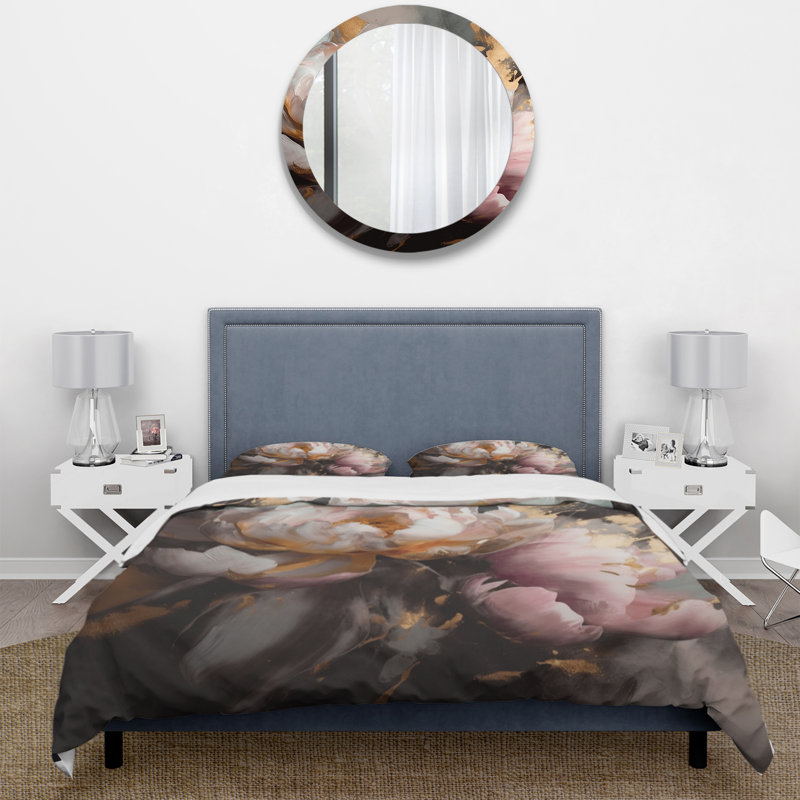 Ensemble de housse de couette en microfibre / polyester Marble Pink Gold Peony Flower V