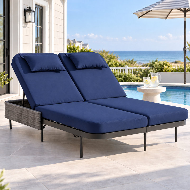 Outdoor Wicker Double Chaise Lounge Poolside Daybed for 2, Patio Sun Lounger with Cushions and 6-Position Adjustable Backrests
