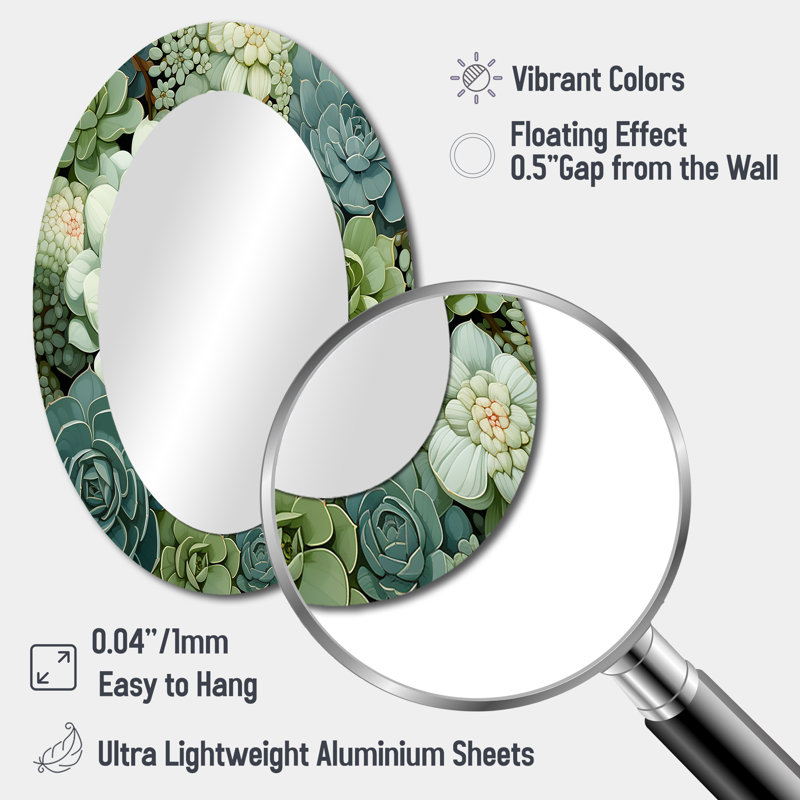 Green Succulents Flowers Serene Succulents IV - Succulent Decorative Mirror, Traditional Wall Mirror, Printed Metal Art, Oval