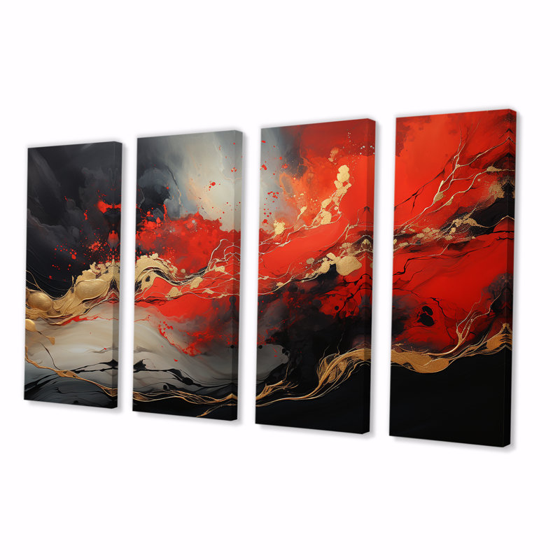 Volcan rouge et doré I - peinture abstraite, art mural 4 pièces, H 28 po x l 48 po