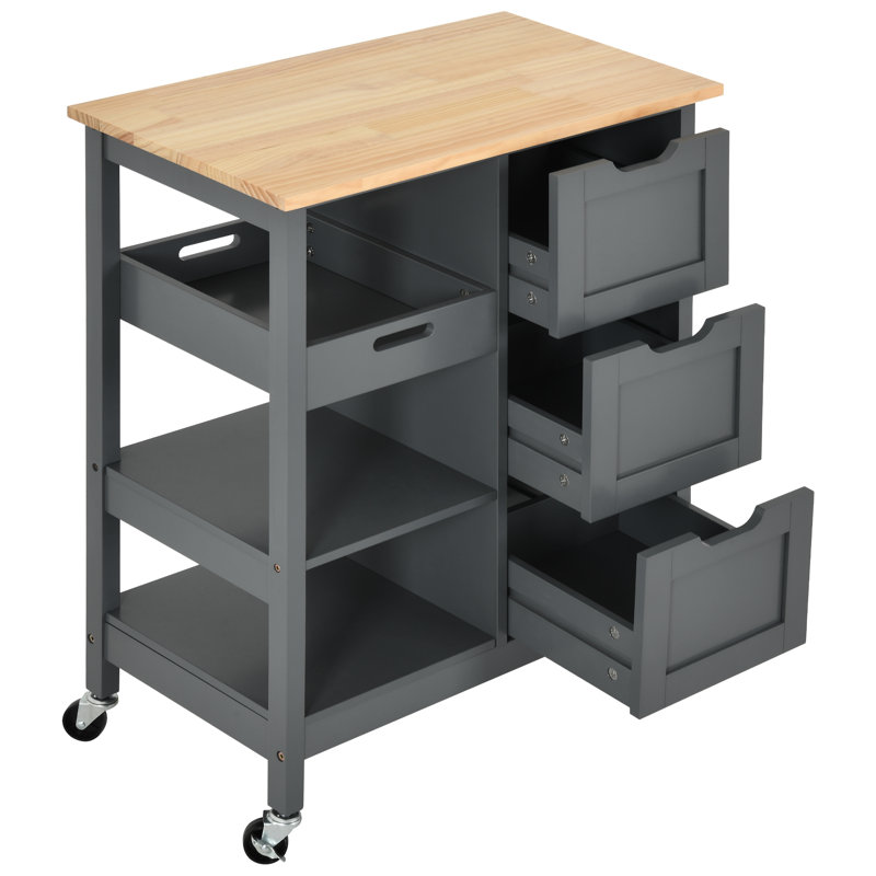 Ariayah Solid Wood Top Kitchen Island Cart with Wheels  & Drawers, Gray/Brown