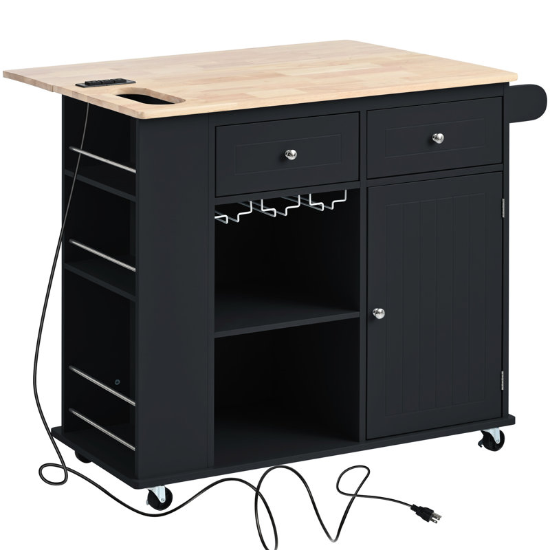 Kitchen Island With Electrical Socket & Drop Leaf. Black. Adjustable Shelves, Wine Storage. Convenient For Daily Use Connection Down Shelf, Side Storage, 5 Movement