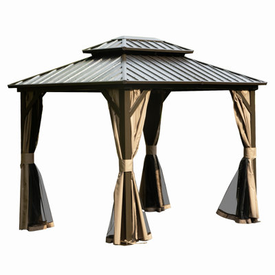 Pavillon de jardin permanent en métal 8 pi x 10 pi avec toit double en acier galvanisé, rideaux et filet pour la fête, le mariage, les repas en plein air, le patio, la cour arrière