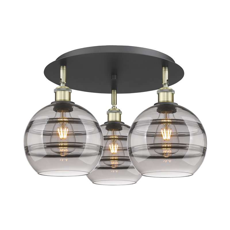 Plafonnier semi-encastré Glassoff, Gris fumée clair, H 10,88 po x l 19,75 po x P 19,75 po, Laiton antique noir