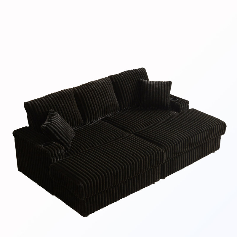 3-Seat Cup-Holding Grooves Sectional Sofa With Pillows And 2 Storage Ottoman, Black Corduroy
