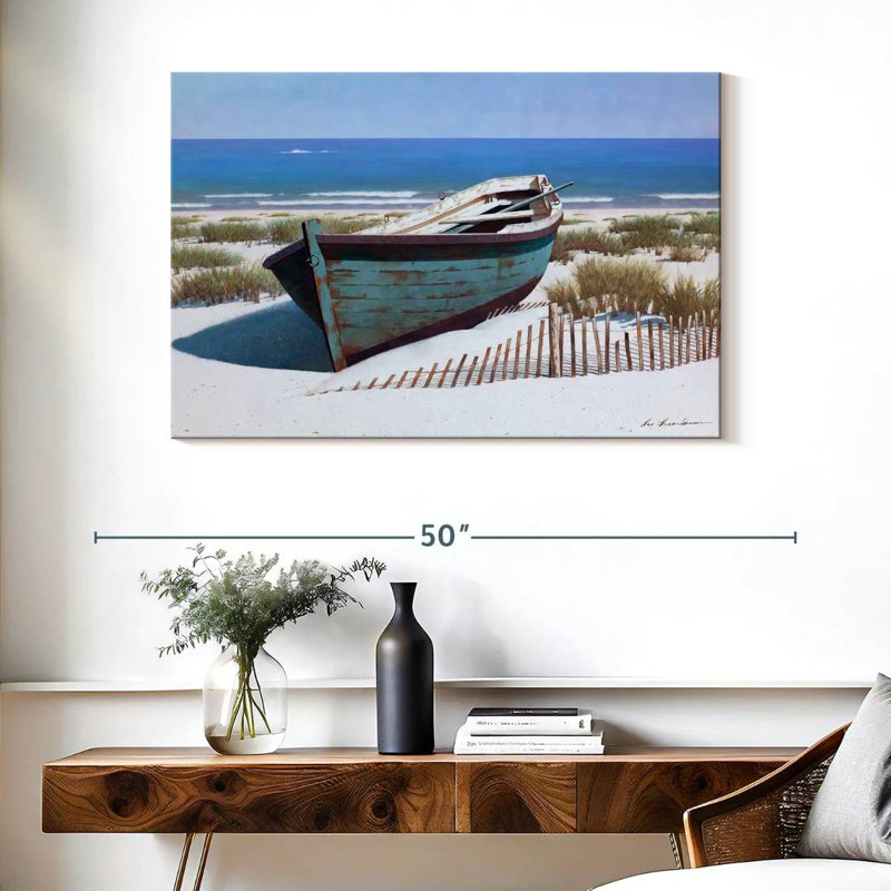 Mehar, bateau bleu sur la plage, H 26 po x l 39 po