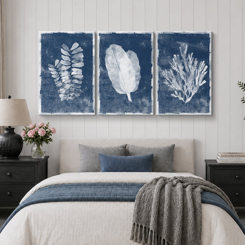 «Minimal Botanical», feuilles de la jungle bleue, art nautique corail, impression sur toile, 3 pièces, H 36 po x l 72 po