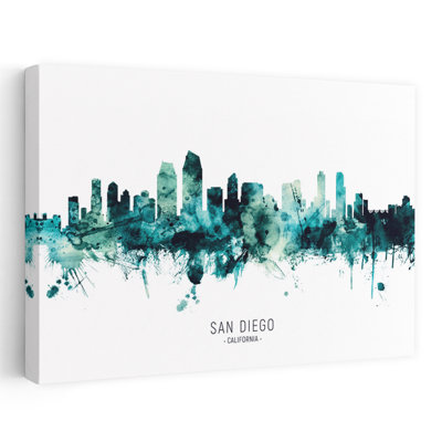 Teal San Diego Skyline by Michael Tompsett - Wrapped Canvas Print