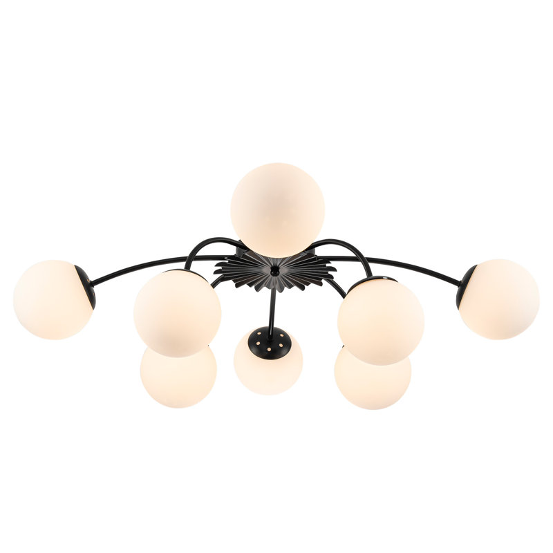 Black Frame Opal Glass Globe Blossom Flush Mount Ceiling Light, 9.4" H x 33" W x 33" D, 8 Lights