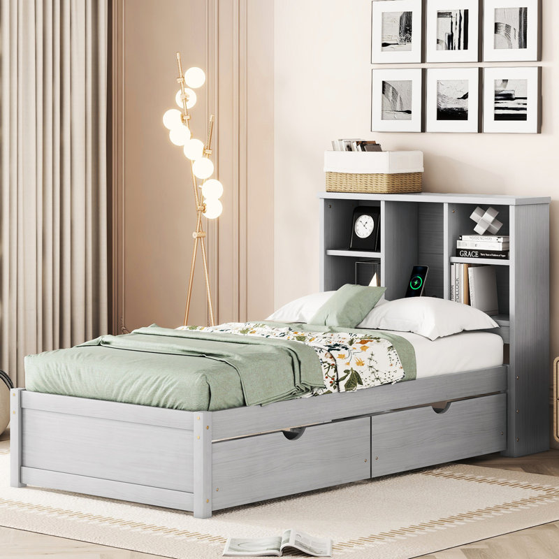 Lit simple moderne avec tête de lit grise, douille et 2 tiroirs et tiroirs, Gris