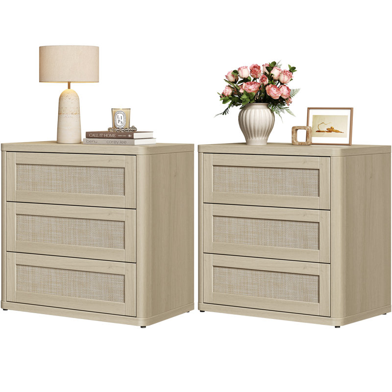 Consiglia Boho Rattan 3-Drawer Nightstand, Amber Oak, 2 Pieces