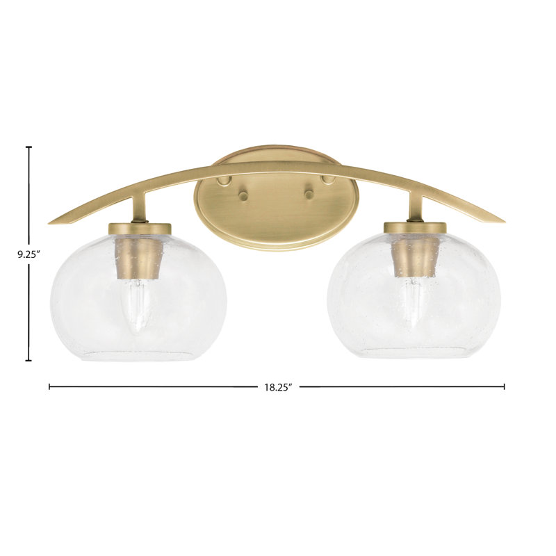 Barre d'éclairage de salle de bain 2 lumières kurve au fini laiton nouvel âge avec verre à bulles transparent de 7 po