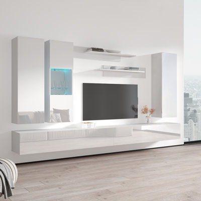Vreeland 126" Modern Floating Wall Mounted Entertainment Center with 16-Color LED Lighting, High Gloss Finish