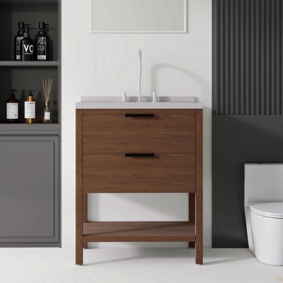 Meuble-lavabo autoportant de 30 po avec lavabo, porte à fermeture en douceur, comptoir et dosseret en marbre de granite blanc de 2 po, contreplaqué, brun