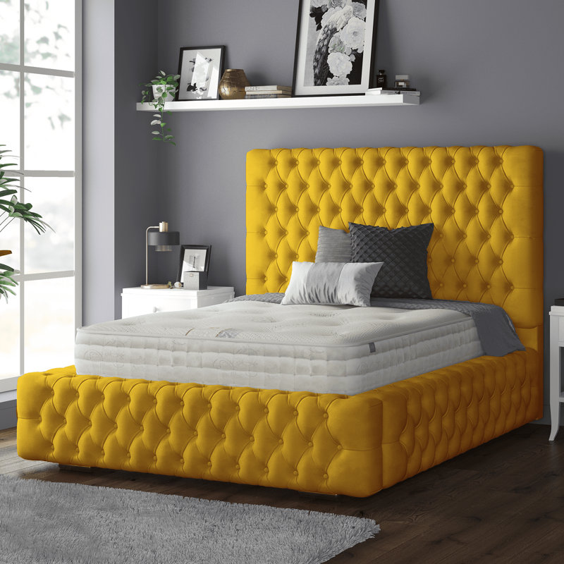 Clovis Upholstered Bed, Double (4'6), Turmeric, Plush Velvet