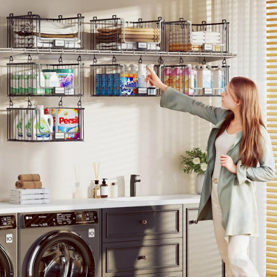 3-Pack Hanging Laundry Organizer, Stackable Wire Shelf Storage with Label Cards