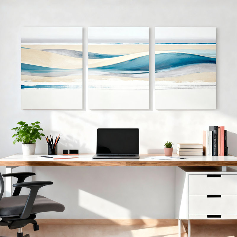 Ensemble de 3 tableaux abstraits sur toile représentant des vagues océaniques, H 36 po x l 72 po