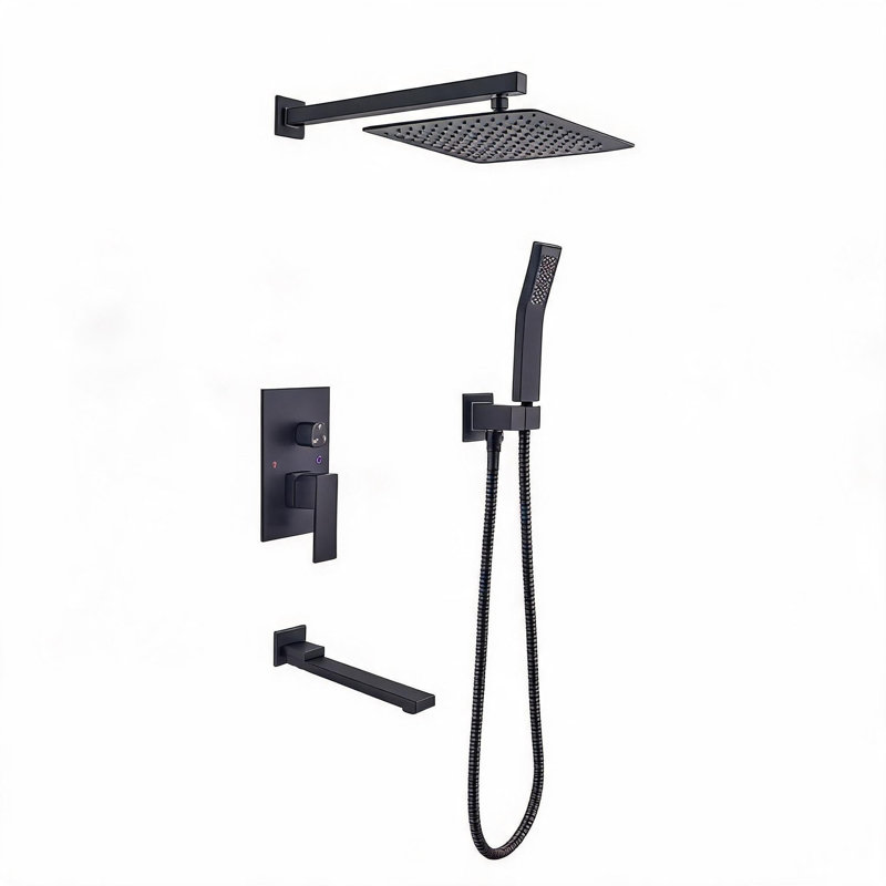 Système de douche 10 po en laiton noir mat avec pomme de douche à pluie et ensemble de mélangeur mural