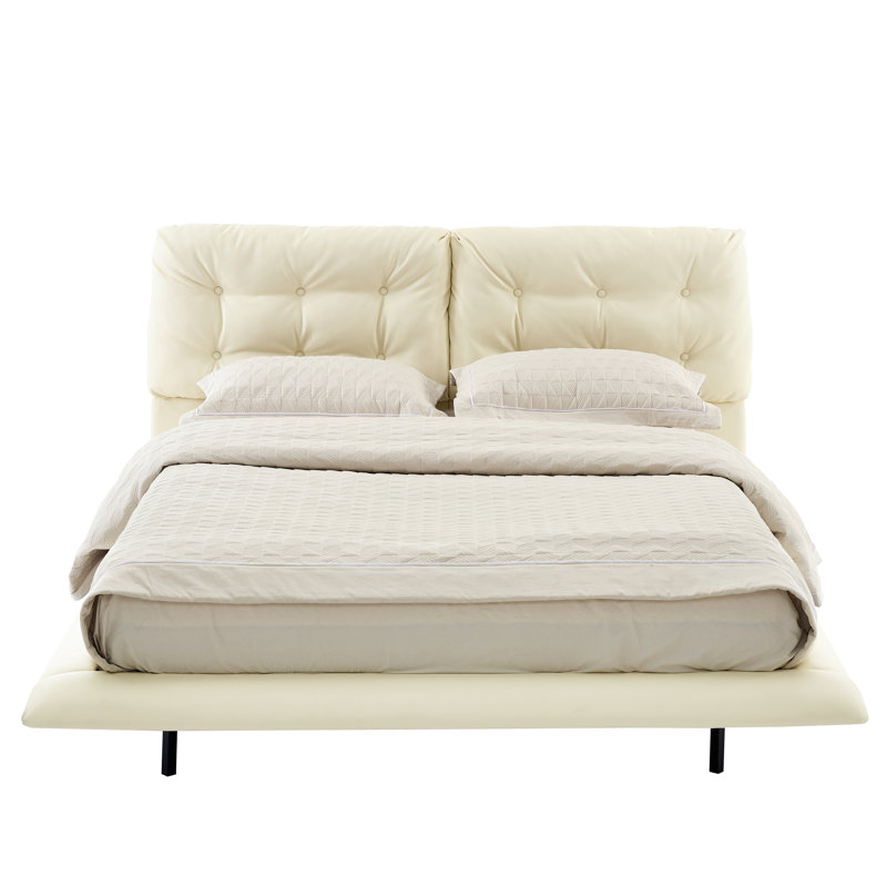 Grand lit plateforme en cuir PU avec tête de lit capitonnée, lumières DEL, sans sommier, facile à assembler, blanc, Blanc
