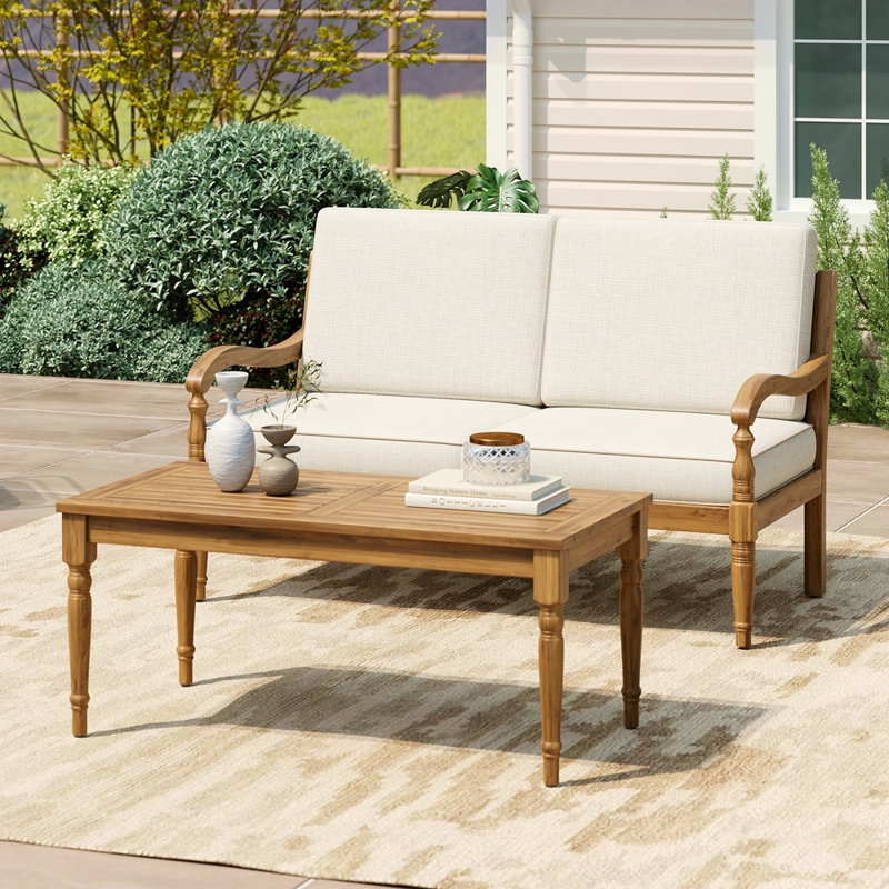 2 Piece Sofa Seating Group With Cushions, Outdoor Acacia Wood Patio Seating Group