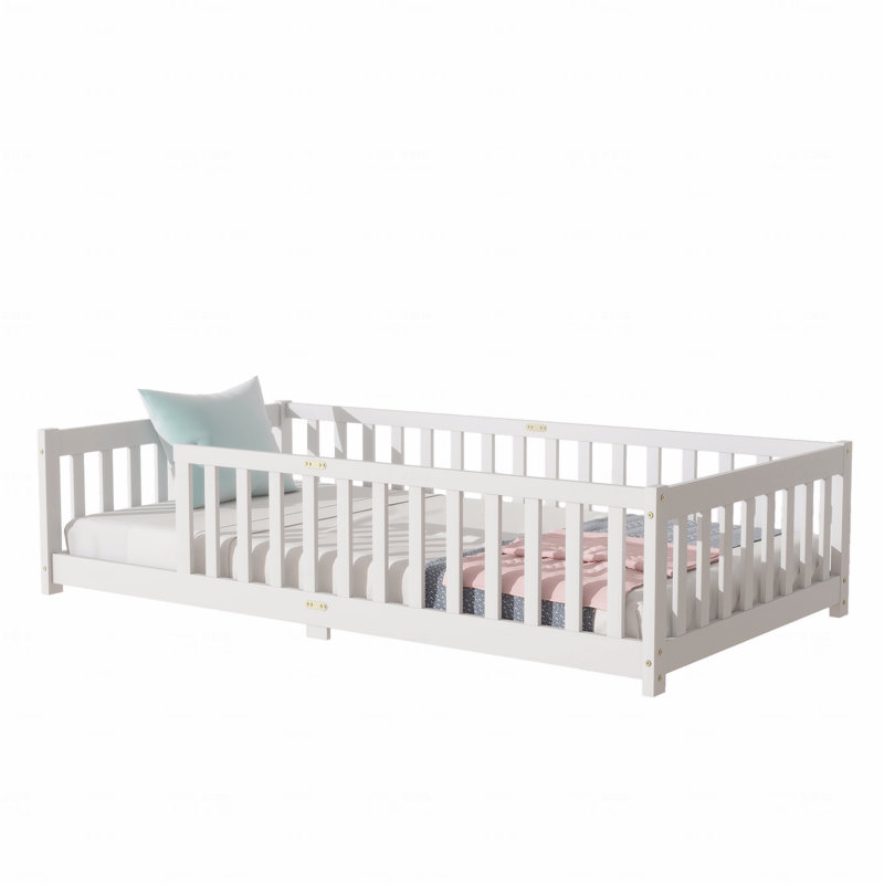 Twin Size Floor Bed Frame With Fence Without Door, Rubber Wooden Frame Material Floor Bed Frame With Safety Guardrails, White