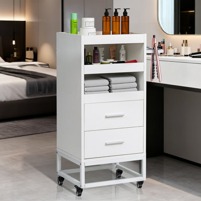 Chariot de salon blanc avec roulettes et 2 tiroirs, 2 compartiments, 3 porte-outils en métal