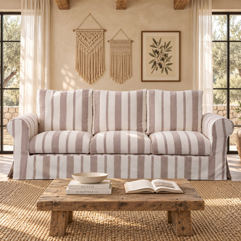 Canapé 3 places de 226 cm de large, canapé moderne à rayures pour salon, Cream Beige Stripe