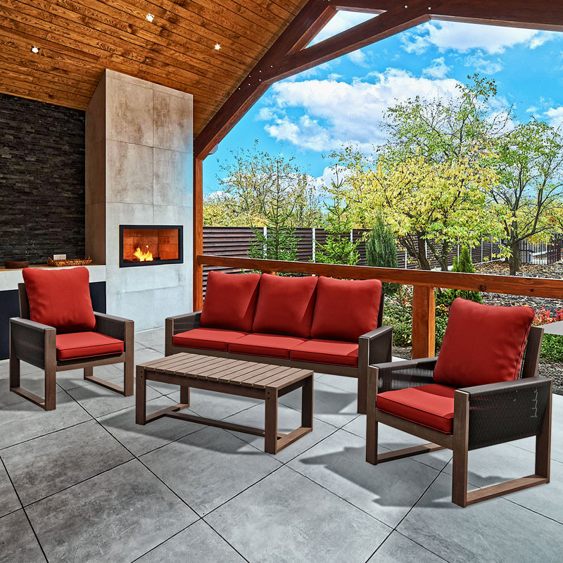 Ensemble de conversation pour 5 personnes avec table basse, 2 fauteuils et coussins rouges, Rouge