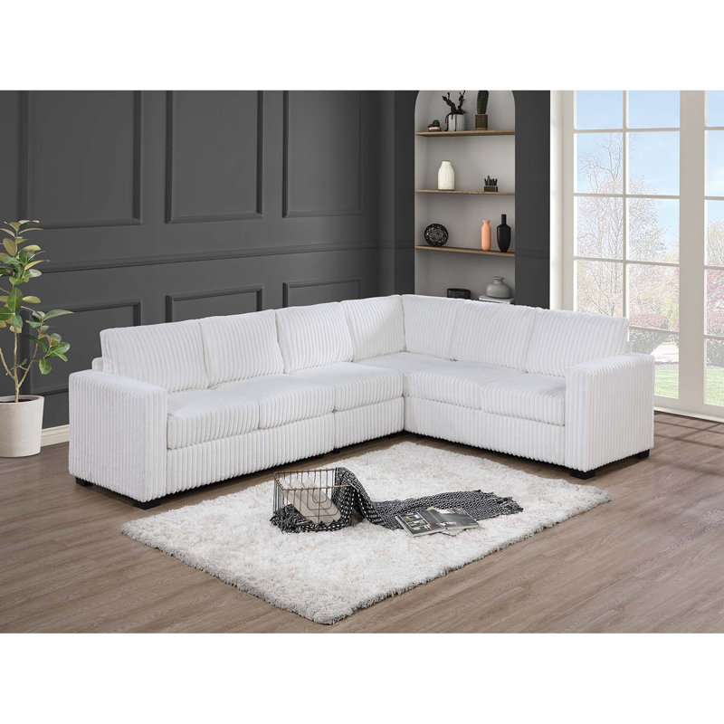 Elegant 4-Pc Sectional Set One Arm Loveseat Corner Wedge Armless Chair Corduroy Upholstered L-Shaped Plush Couch