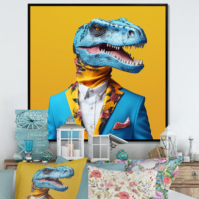 Dinosaure bleu et jaune en costume - art de mur de dinosaure