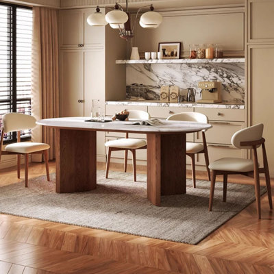 Ensemble de table de salle à manger 4 personnes en pierre frittée ovale brun + bois manufacturé