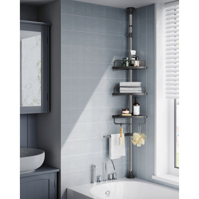 Telescopic Corner Shower Caddy 95 300 cm Stainless Steel 4 Shelves 3 Hooks 1 Towel Bar Bathroom Storage