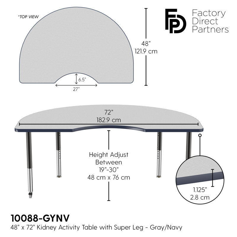 Table d'activité 48 "x 72" avec moulures en T et pieds réglables, Gris / bleu marine / noir, Super