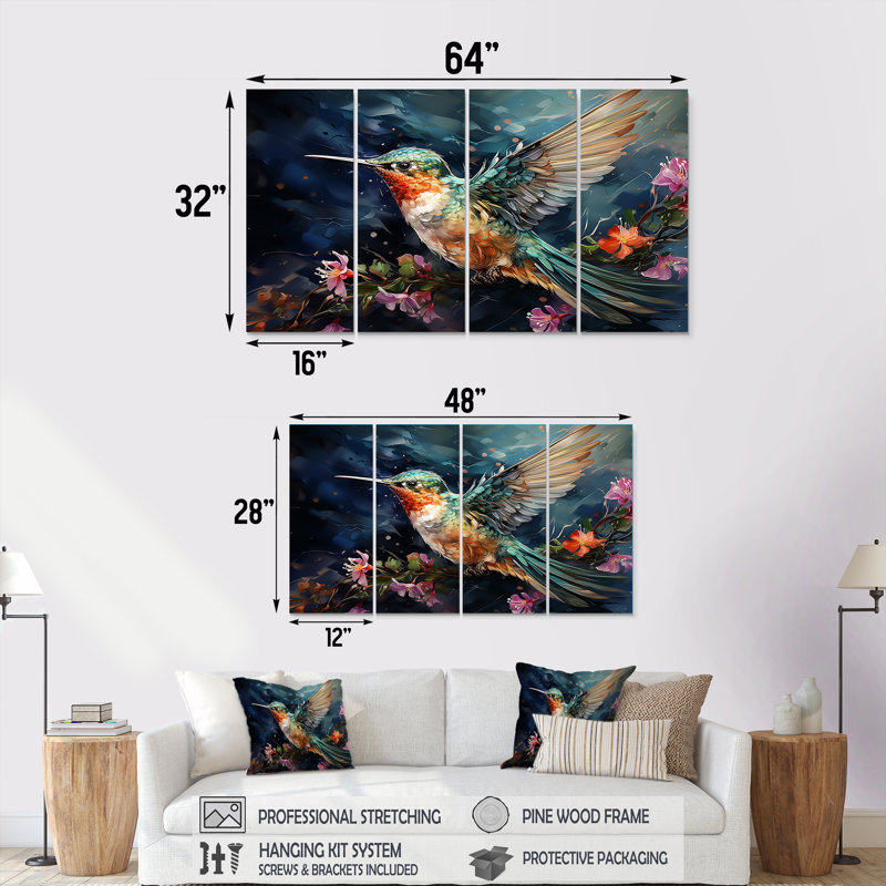 «Green Fluttering Emerald Hummingbird Blooms I - Hummingbird», toile d'art murale 4 pièces, H 28 po x l 48 po