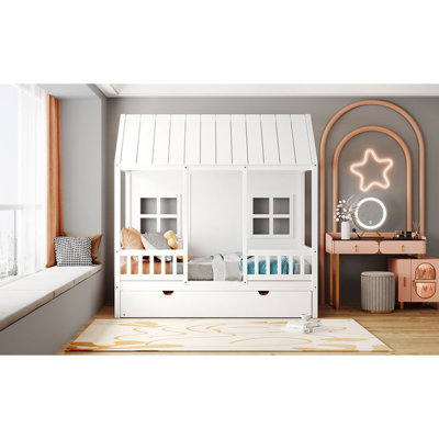 Lit simple en bois avec lit gigogne simple, lit de jour en bois, blanc