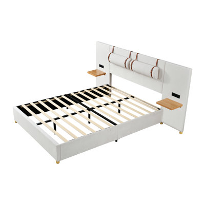 Upholstered Platform Bed,  Bed Frame with Charging Station, Storage Bed, Upholstered Bed, With Two Outlets Storage Shelves