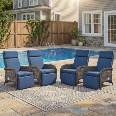 Luxueux fauteuil d'extérieur inclinable en osier PE de 4 pièces, fauteuil de patio inclinable réglable avec repose-pieds escamotable, coussins de siège profonds et appui-tête ergonomique, fauteuil en rotin toutes saisons pour bord de piscine, jardin, terrasse